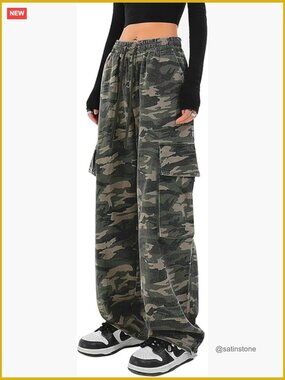 100% Cotton Cargo Pants Women Baggy Streetwear Y2K Drawstring Wide Leg